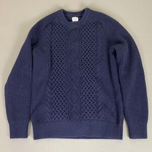 GAP Fisherman‎ Knit Sweater Small Men Navy Blue Cable Knit Crewneck Wool Blend